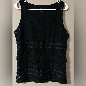 ANN TAYLOR LOFT size LARGE PETITE Black Lace & Ribbon Sleeveless Top